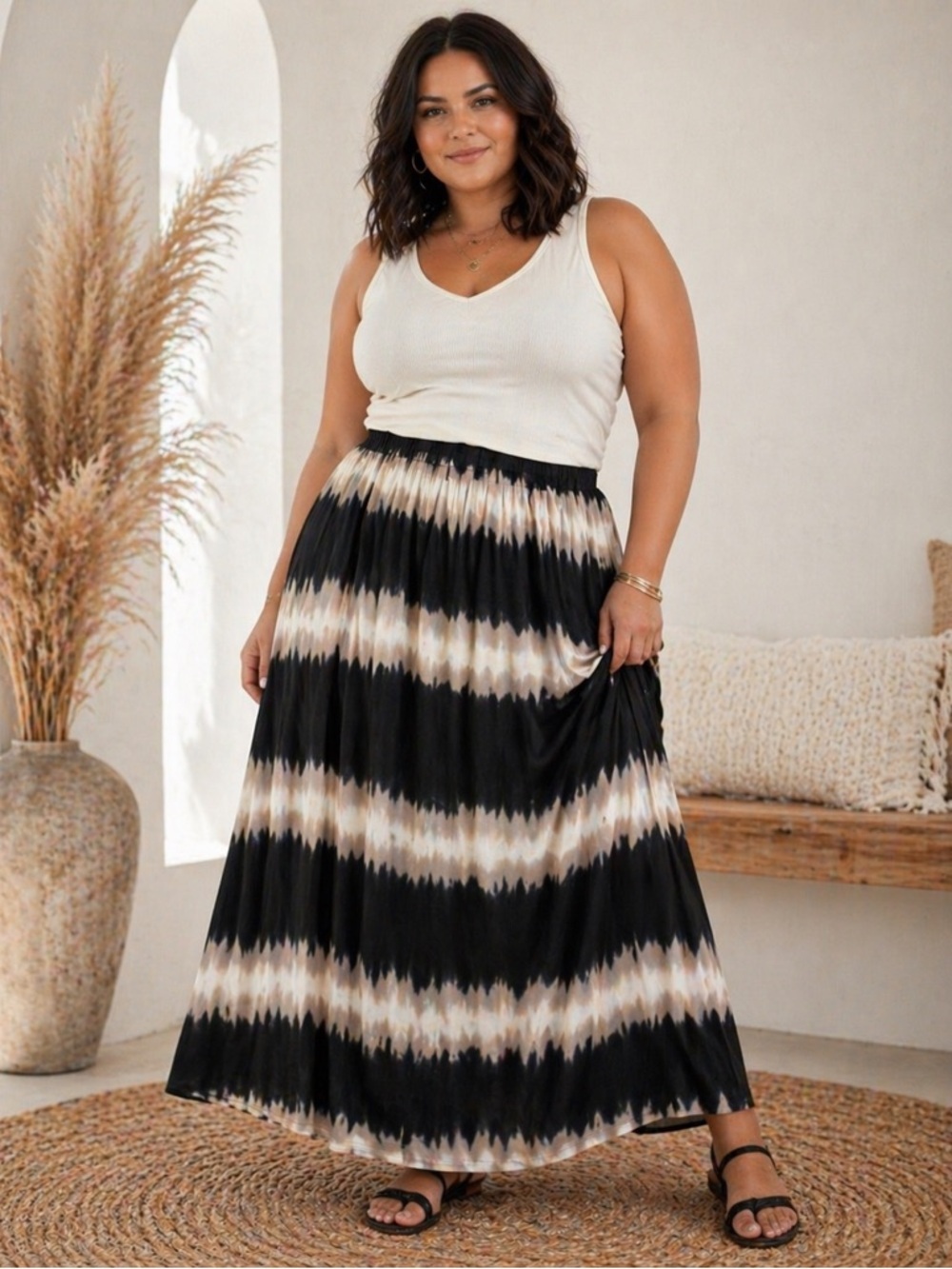 Coastal Boho Earthy tie dye maxi skirt xl flowy neutral coastal vibe